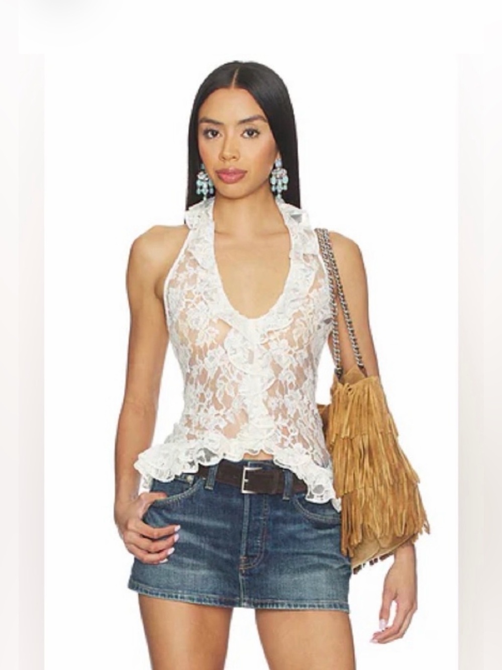Lovers + Friends Brielle white lace peplum hem and semi sheer top size XS
